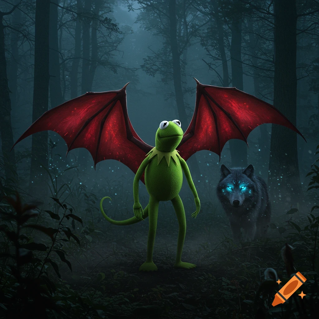 Kermit the Frog with large red dragon wings and a tail stands in a misty, dark forest, with a black wolf with glowing blue eyes behind him. The scene is dark and mystical with glowing particles in the air.