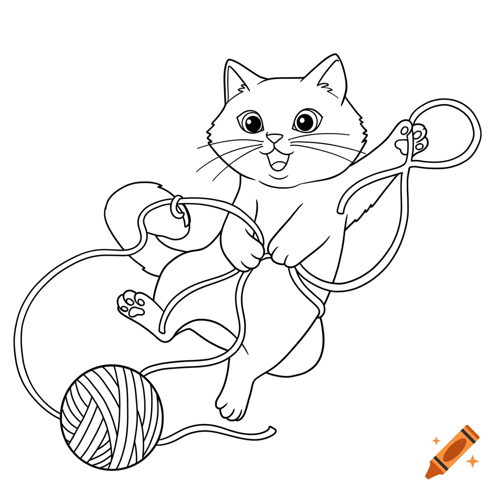A happy cat playing with a ball of yarn, tangled in strings, in black and white line art coloring book style.