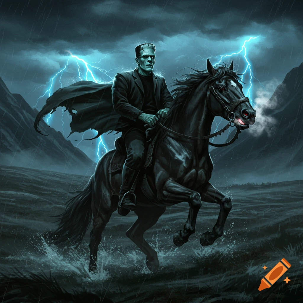 Frankenstein's monster rides a black horse through stormy waters with lightning in a dramatic illustration.