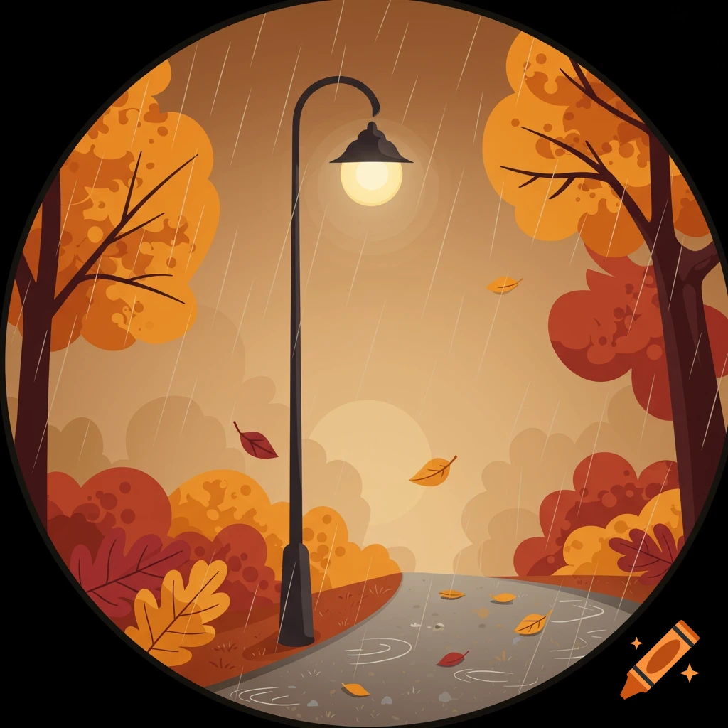 A stylized illustration of a rainy autumn path with a glowing street lamp, fall leaves, and trees, in a circular fisheye view.