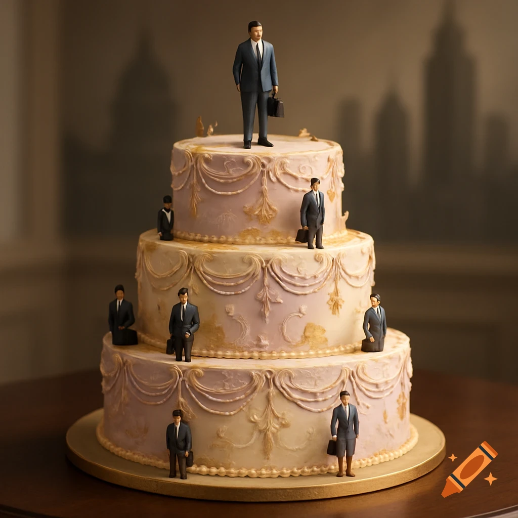 Photorealistic three-tiered cake with gold and lavender icing, adorned with miniature businessman figures and briefcases. Blurred city skyline in background.
