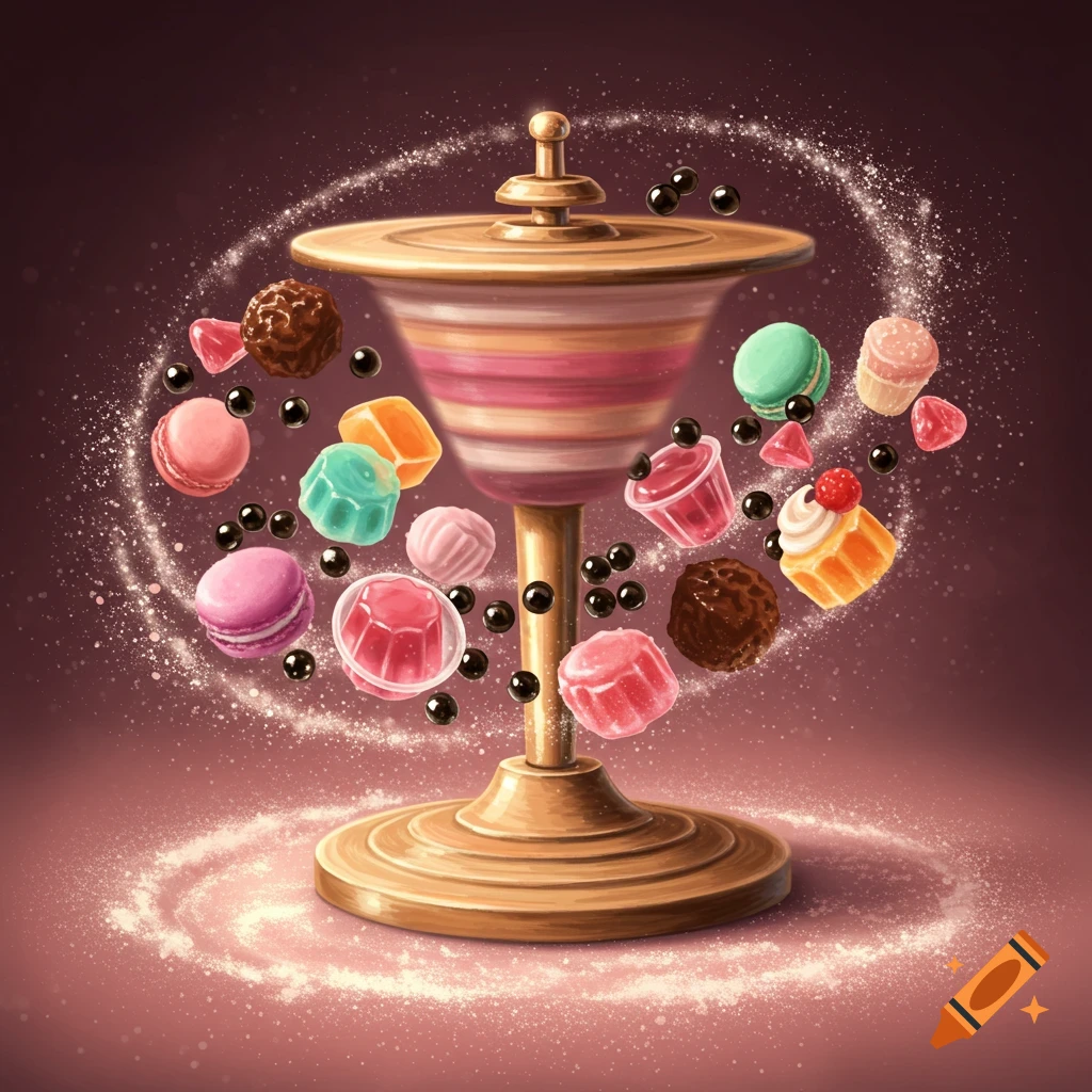 A magical golden candy dispenser with colorful macarons, jellies, chocolates, and boba pearls swirling around it, against a dark pink background.