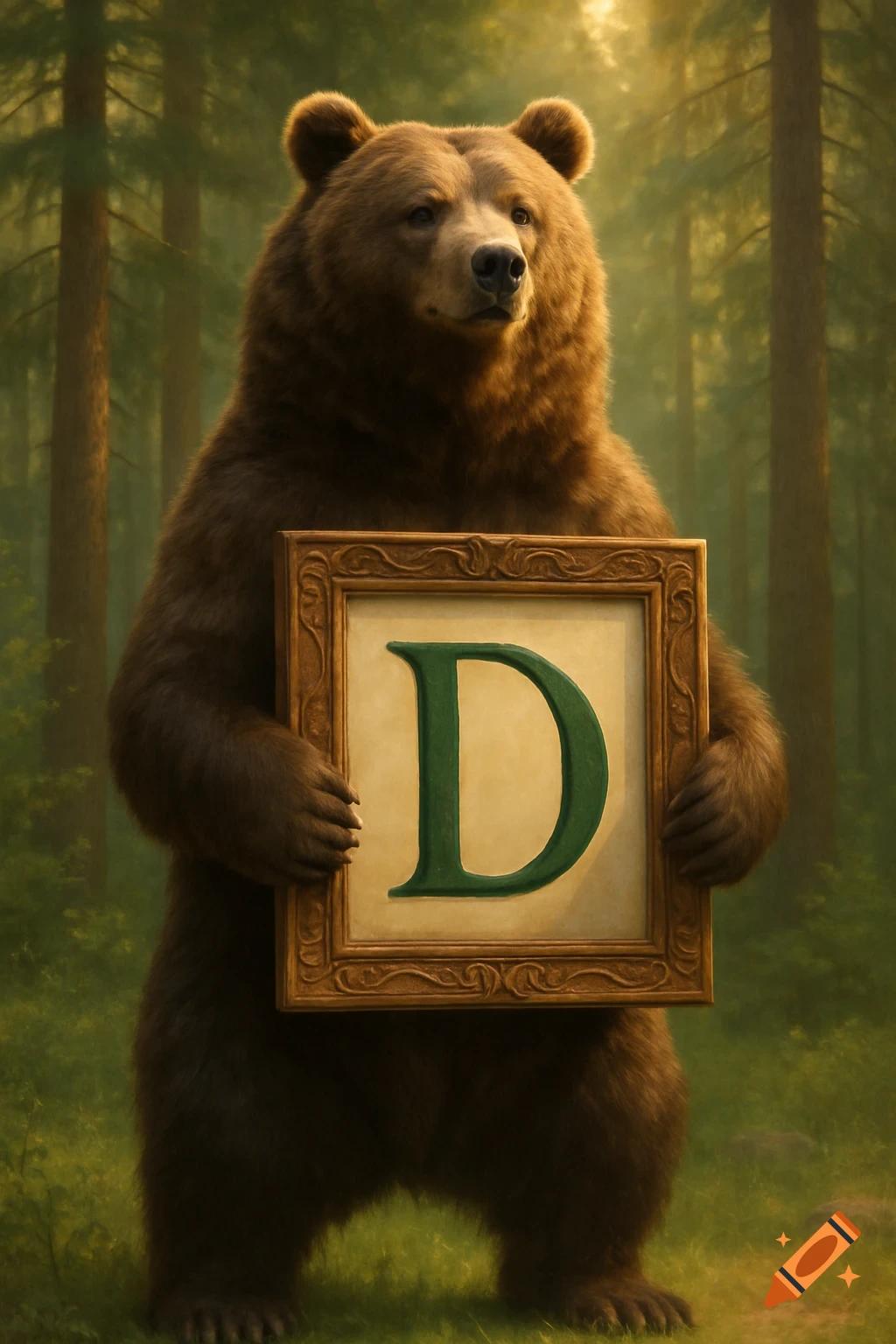 A brown bear stands on its hind legs in a forest, holding a golden framed picture of a green letter D.