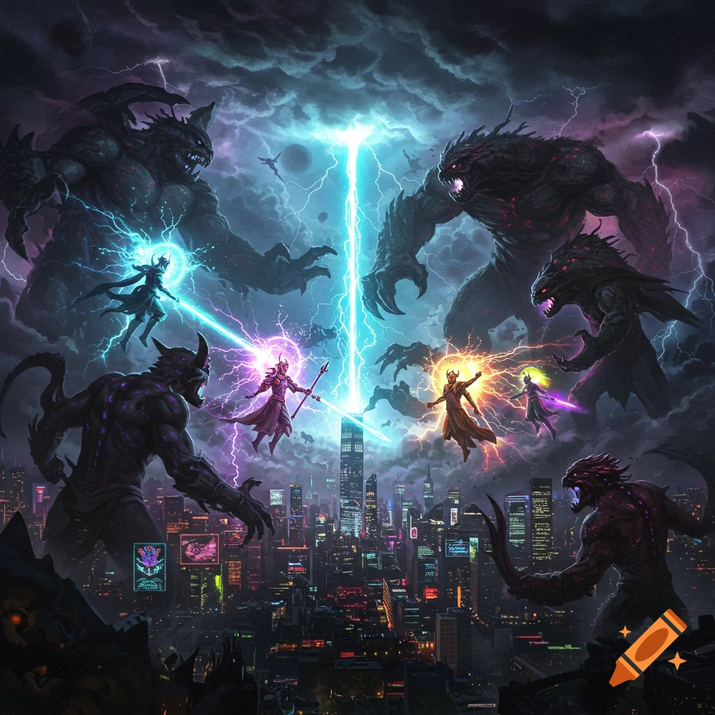 Gigantic, dark monsters clash with powerful magic-wielding figures in a futuristic city under a stormy, lightning-filled sky.