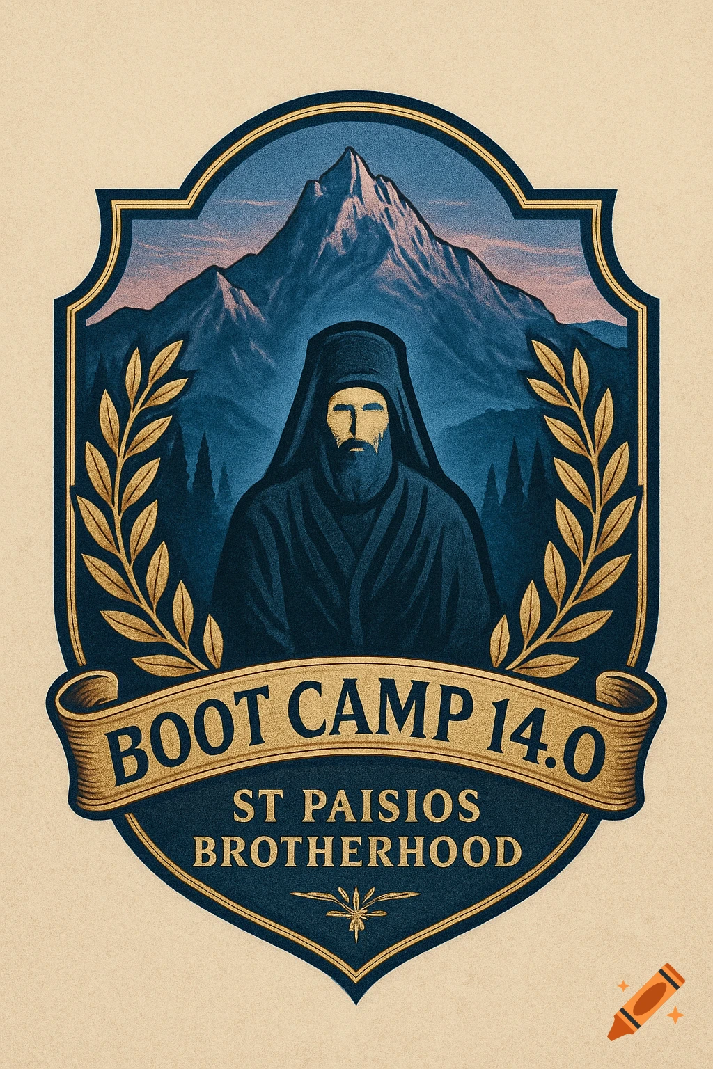 A vintage-style logo featuring a hooded monk with a beard against a mountain backdrop, framed by golden laurels. Text reads "BOOT CAMP 14.0" and "ST PAISIOS BROTHERHOOD".