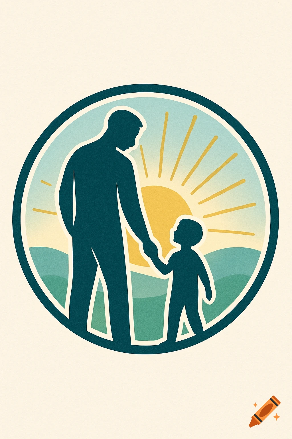 Stylized illustration of a father and child silhouetted against a sunrise and hills in a circular logo.