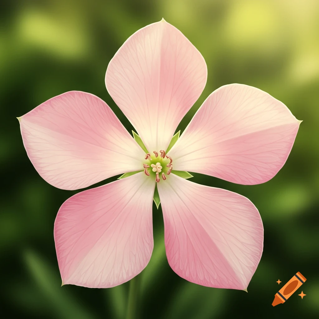 A close-up view of a pink flower with five broad petals and a visible green and pink center against a blurry green background.