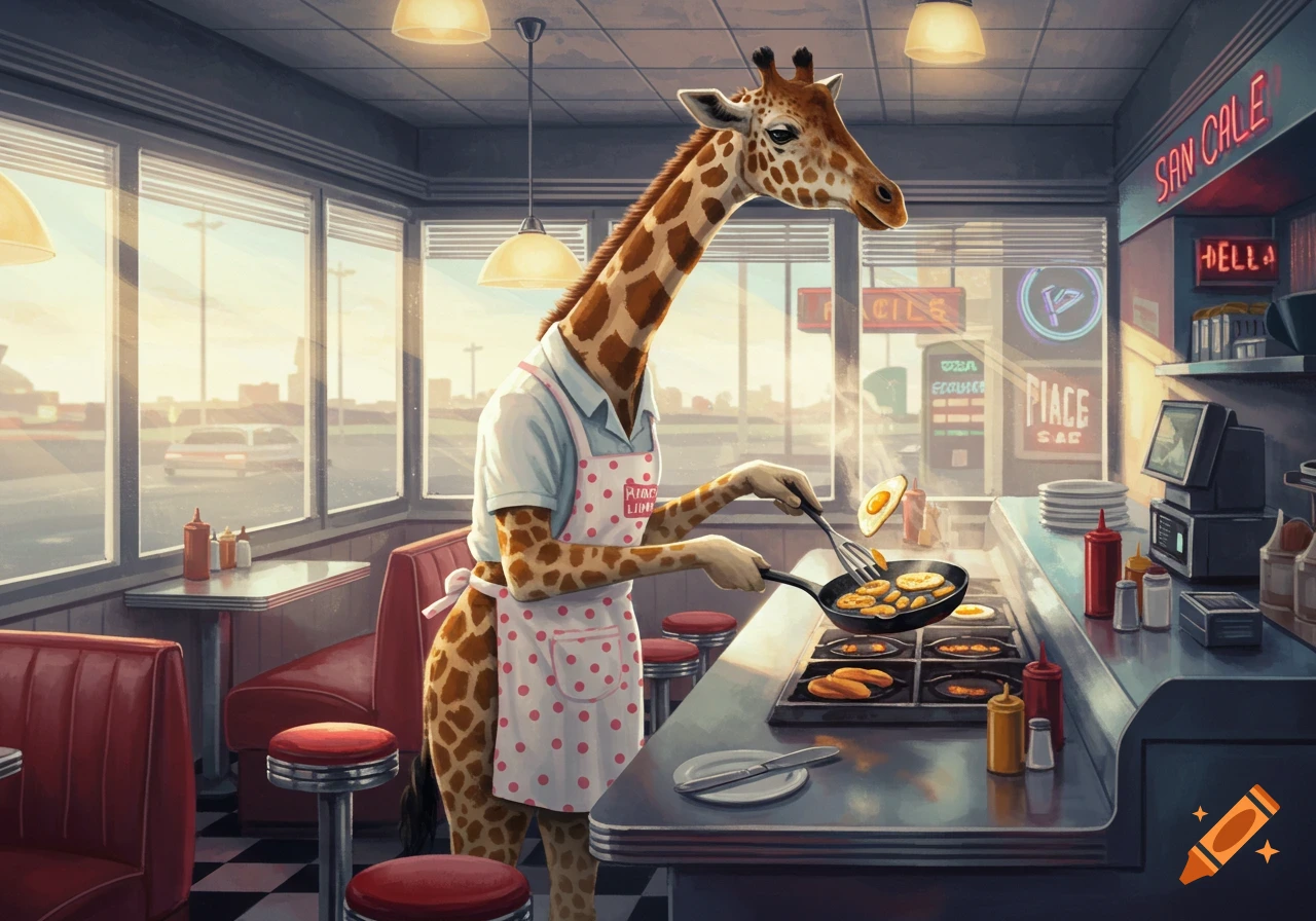 A giraffe wearing a white shirt and pink polka dot apron cooks eggs and potatoes on a grill in a retro diner.
