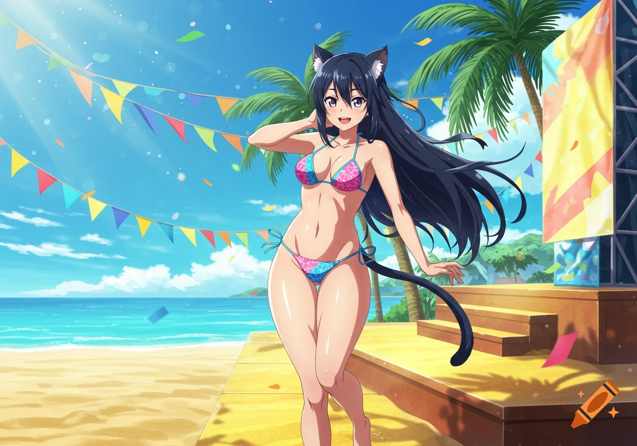 An anime cat-girl with long black hair, wearing a pink and blue bikini, posing playfully on an outdoor beach stage with palm trees and colorful banners.