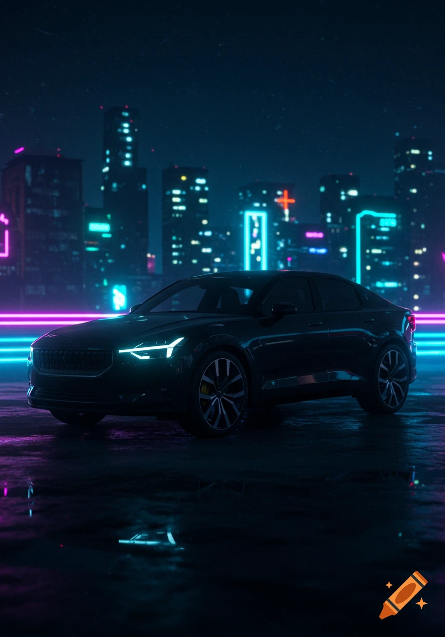 Black Polestar 2 parked on a wet street at night, illuminated by glowing headlights, with a blurred cyberpunk city skyline in neon pink and blue.