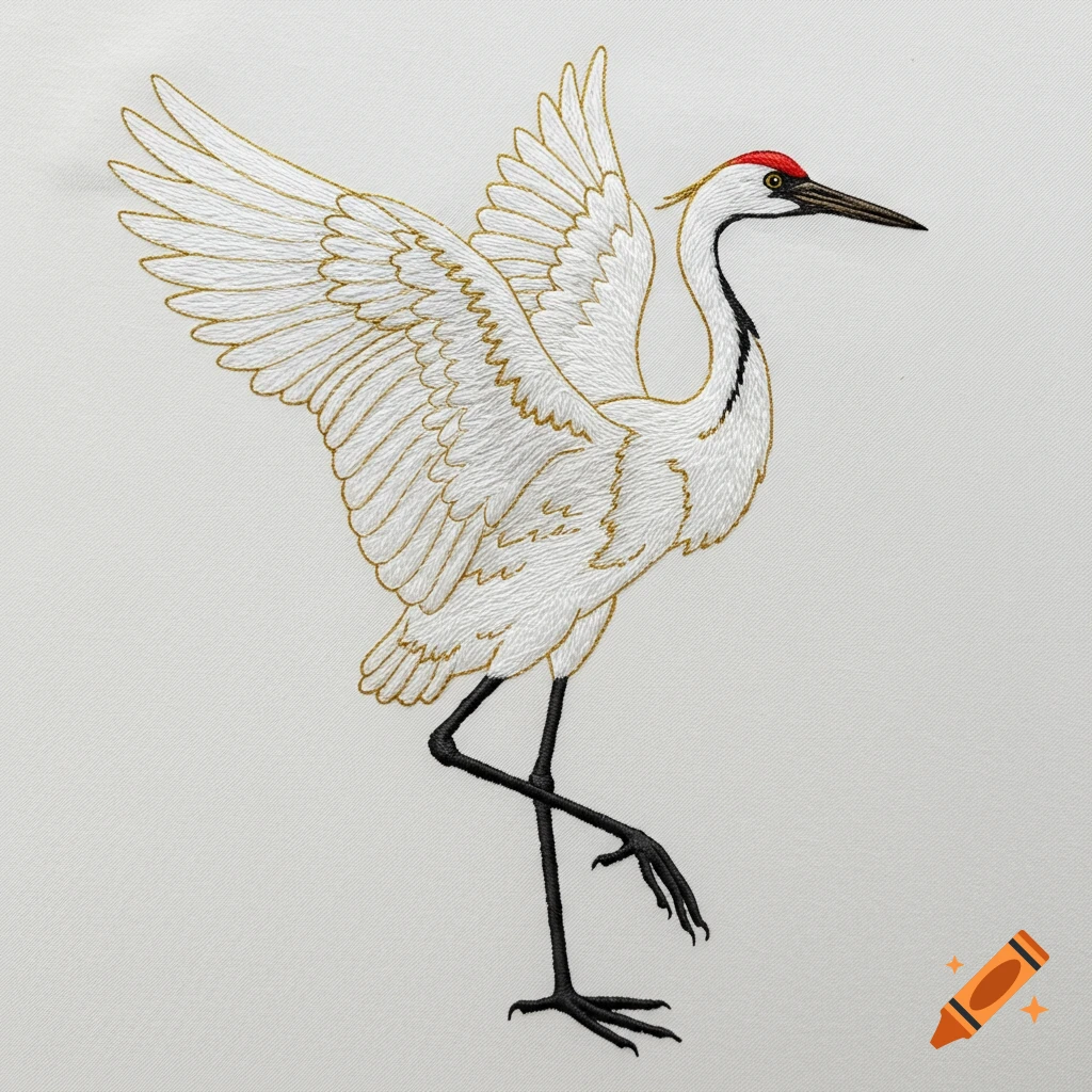 An embroidered white crane standing on one leg with wings spread.
