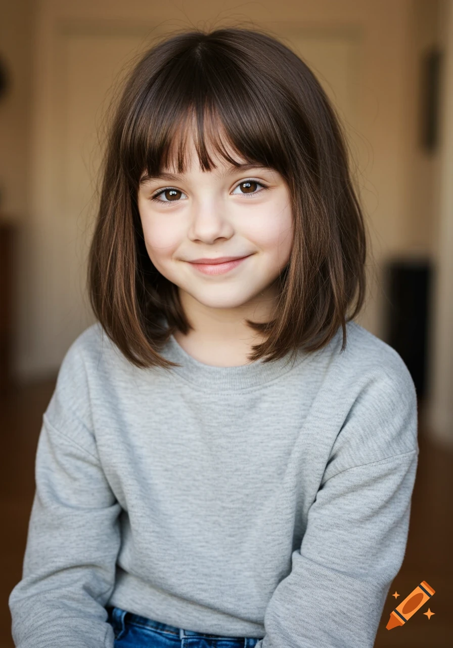 A smiling young girl with shoulder-length brown hair and blunt bangs, wearing a grey sweatshirt and jeans.