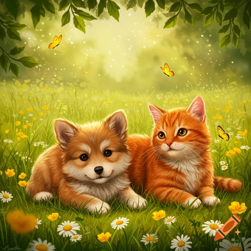 A cute fluffy brown puppy and an orange cat lie together in a sunny green meadow filled with white and yellow flowers, with butterflies flying overhead.