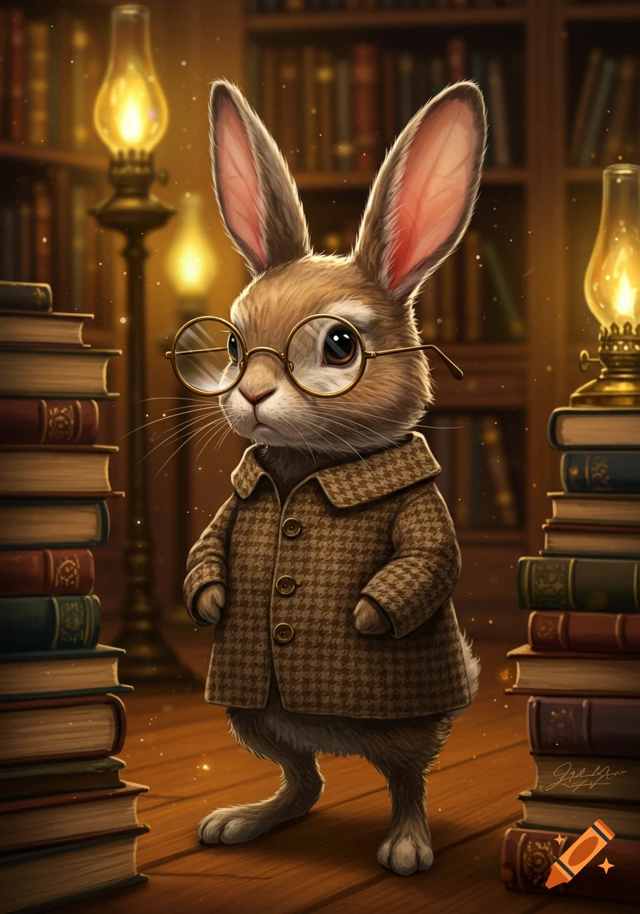 A cute anthropomorphic rabbit wearing round glasses and a brown tweed coat stands among stacks of books in a dimly lit library with glowing lamps.