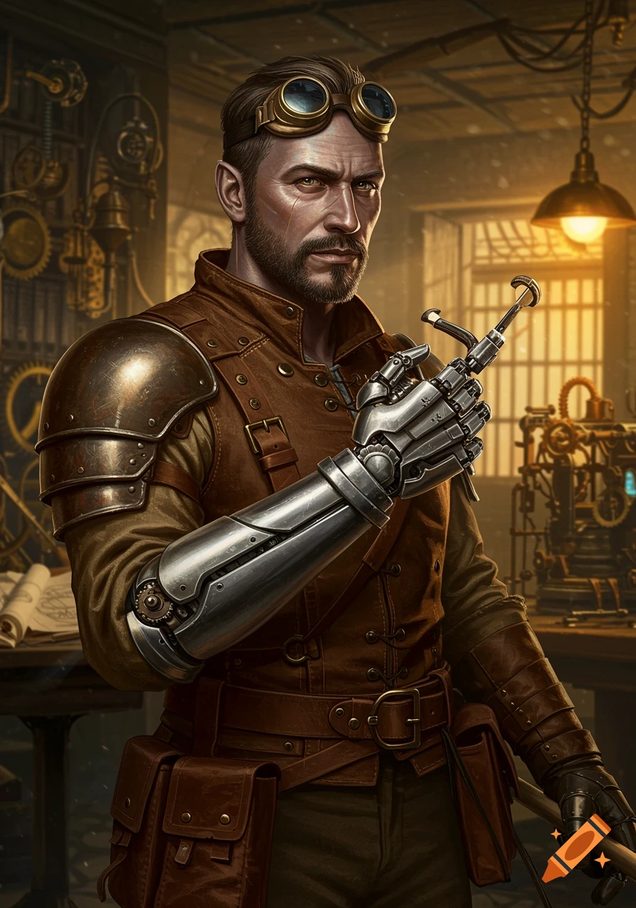 A detailed fantasy art portrait of a man in steampunk attire with a prosthetic arm, goggles, and leather armor, standing in a workshop.