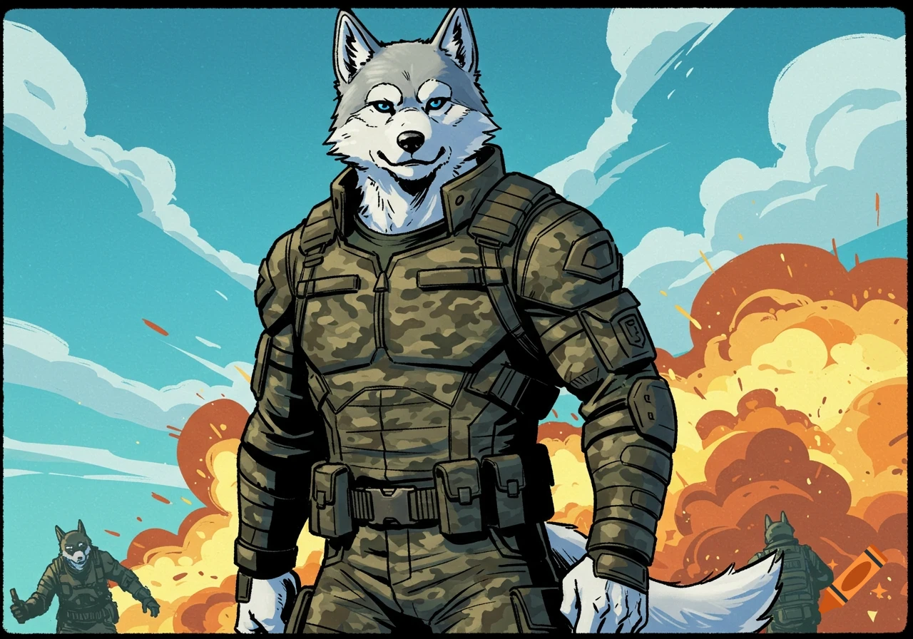 A comic book style husky dog hybrid soldier in camouflage armor stands against a backdrop of explosions and smoke.