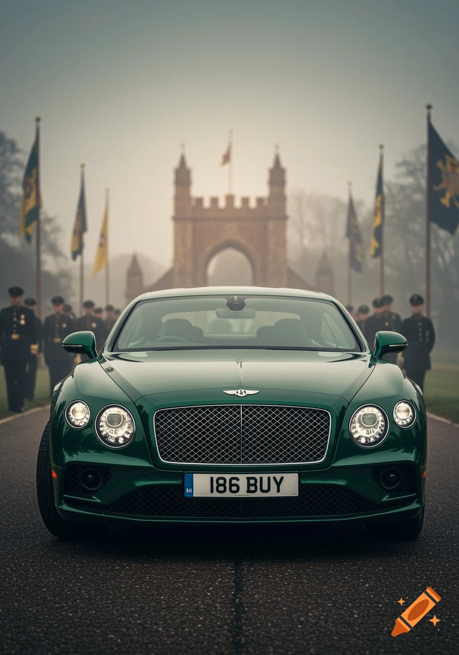 A dark green Bentley Continental GT parked on an asphalt road, with a blurry background of a castle, flags, and people in military uniforms.