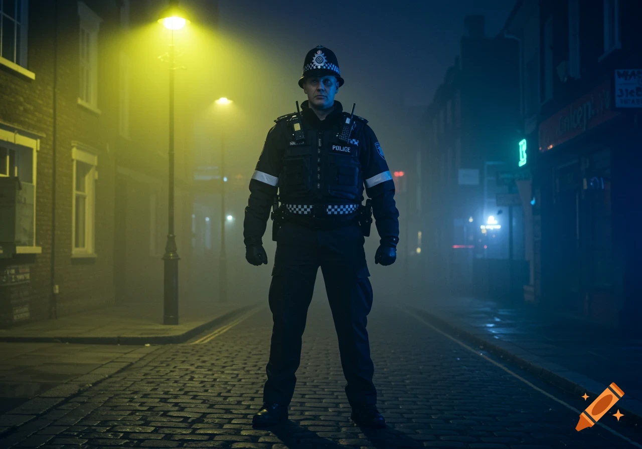 A photorealistic image of a British police officer standing on a foggy cobblestone street at night, illuminated by streetlights.