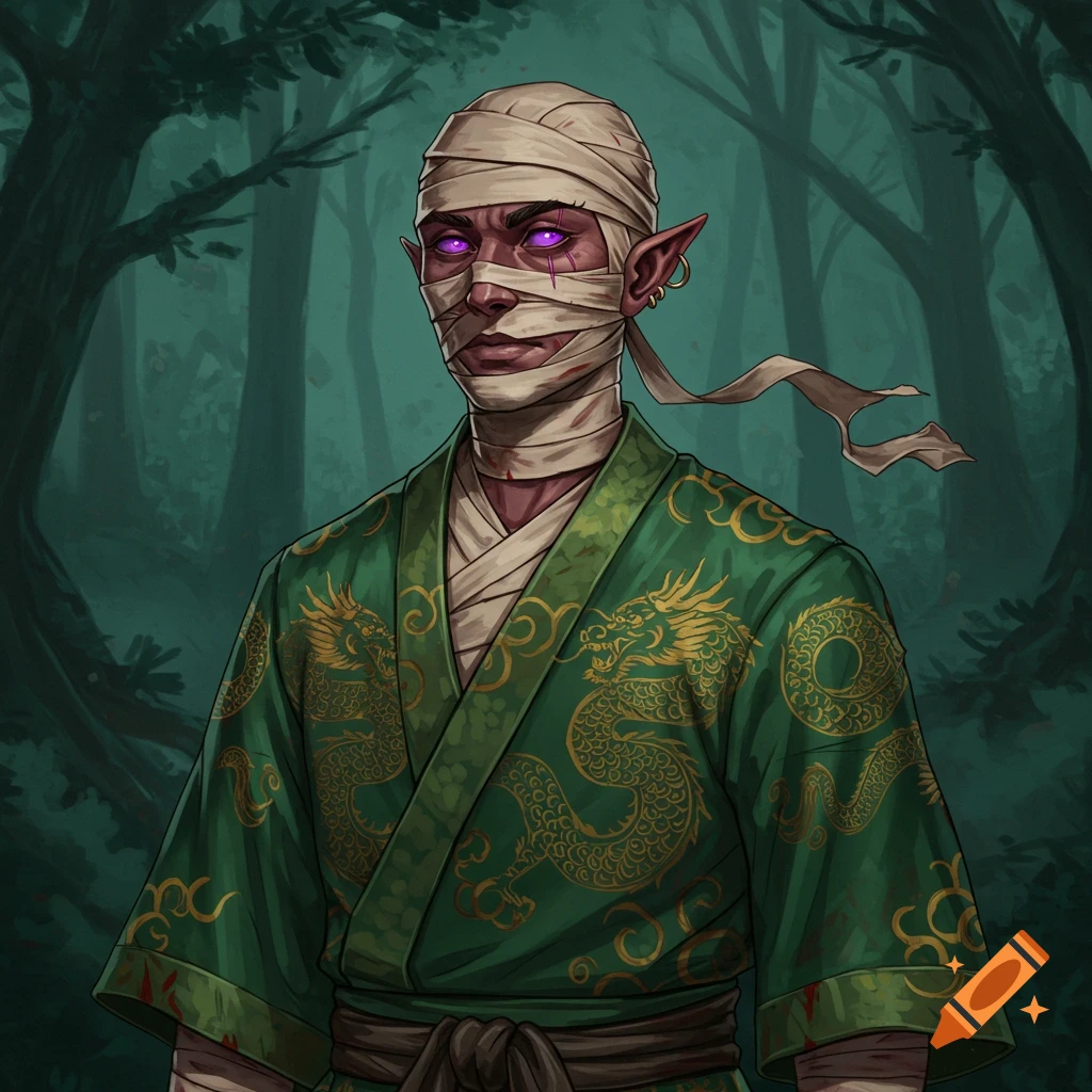 A fantasy character, an elf with purple eyes and pointed ears, wearing head bandages and a green kimono with golden dragon patterns, standing in a dark forest.