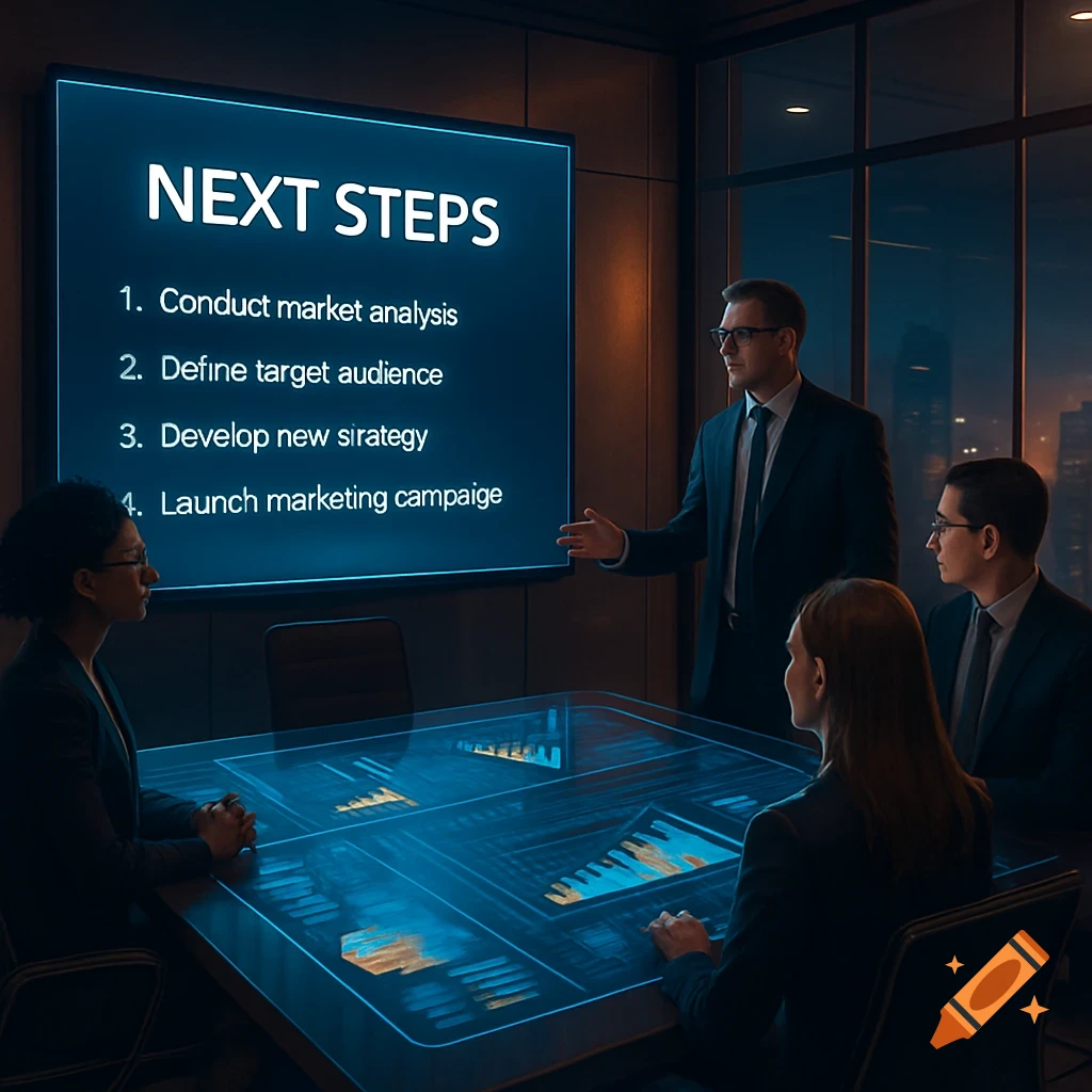 A man presents 'NEXT STEPS' on a screen to colleagues in a modern, dark conference room with a glowing table.