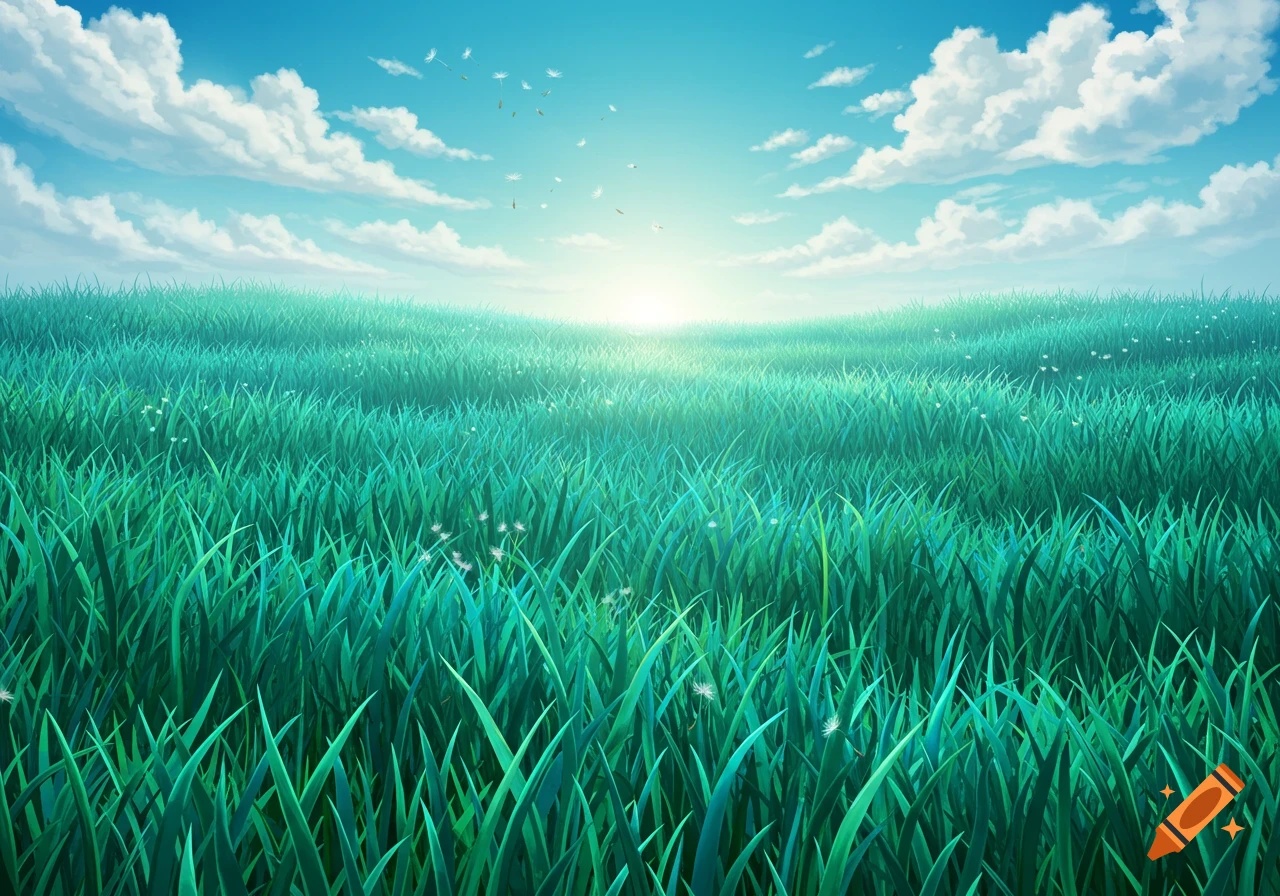 Vibrant green grass field under a bright blue sky with fluffy white clouds, sunbeams, and floating dandelion seeds, digital art.