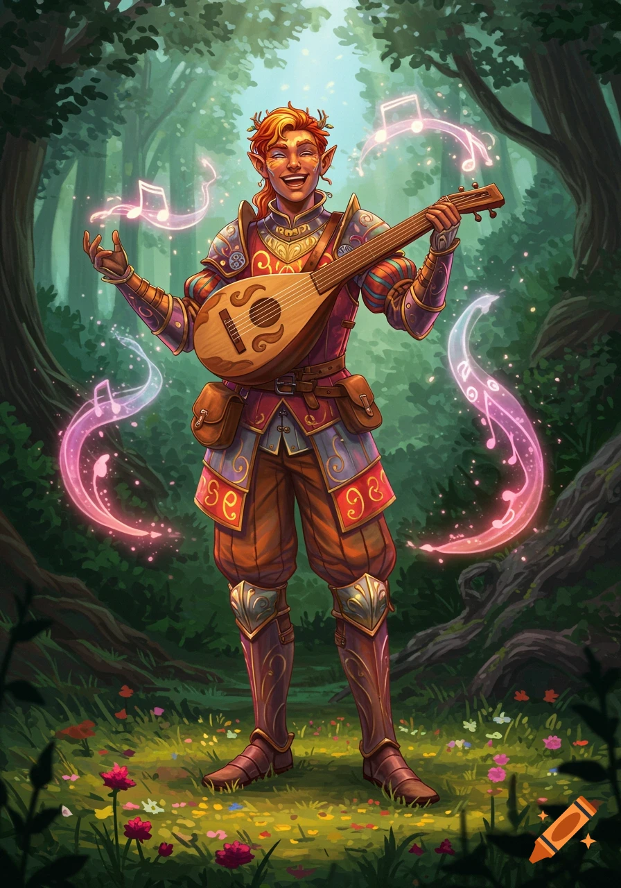 A joyful elf bard in colorful armor plays a lute, surrounded by glowing musical notes in an enchanted forest.