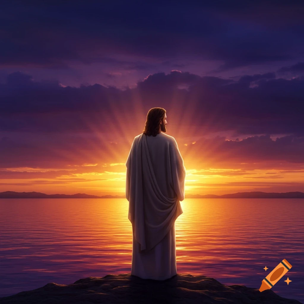 Jesus stands on a rocky outcrop, illuminated by a brilliant sunset over a calm sea, purple clouds above.