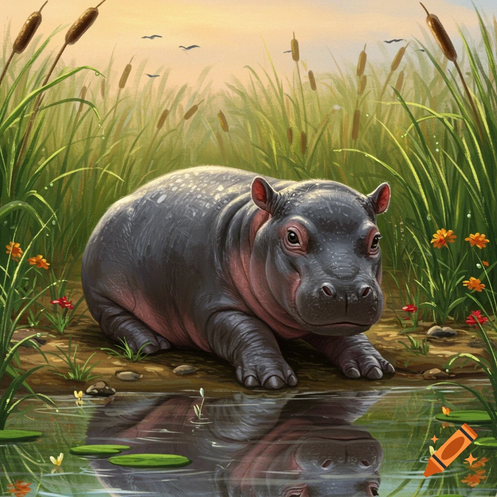 A cute baby hippo sits by a pond in a grassy marsh with cattails and small flowers, rendered in an illustrative style.