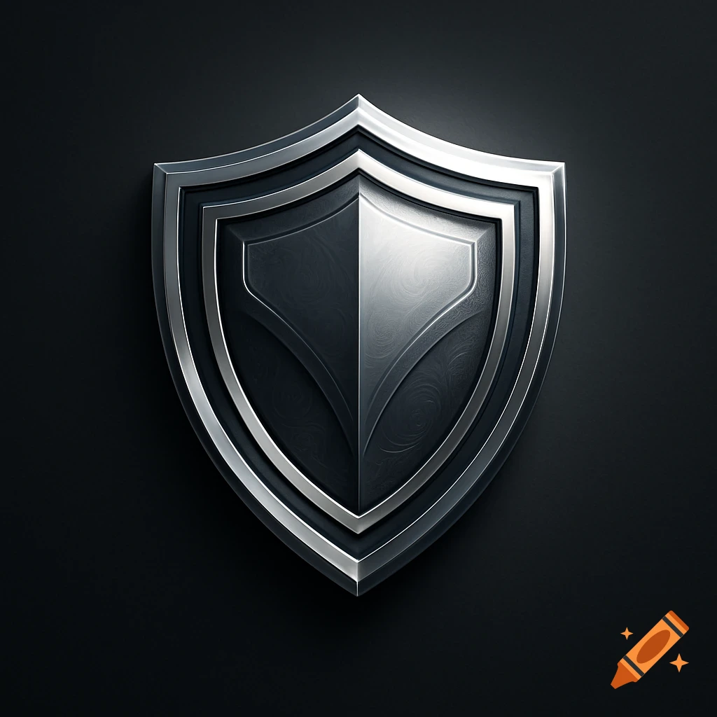 A sleek, metallic shield logo with reflective silver and dark gray segments, set against a dark background.