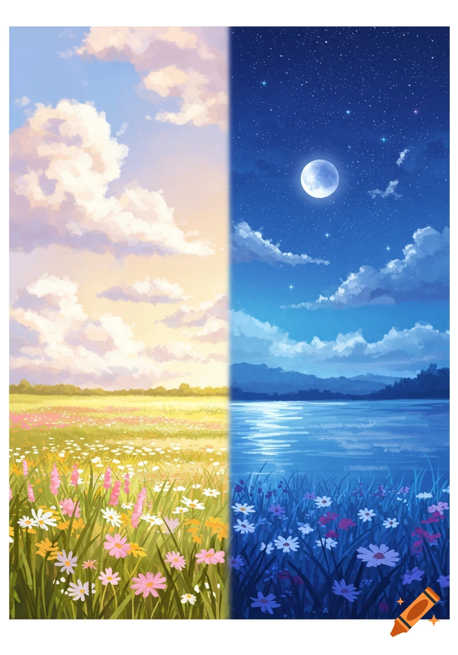 Illustrative vertical split landscape: a sunny day field of wildflowers on the left, a starry night lake with a moon on the right.