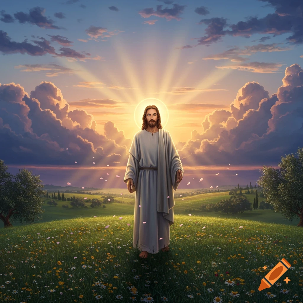 Jesus stands in a sunlit field of flowers, bathed in golden light from a radiant sky with dramatic clouds at sunset.