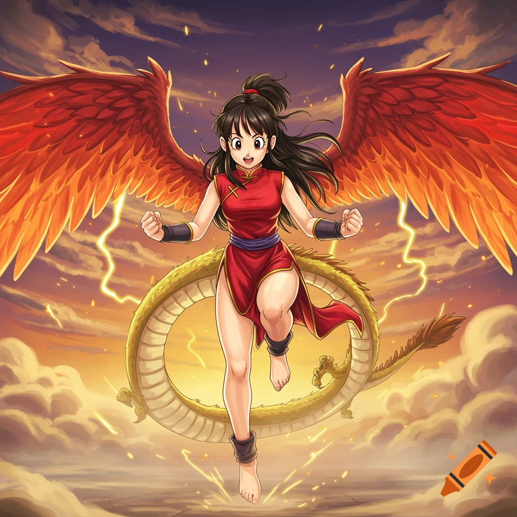 An anime character, Chi-Chi from Dragon Ball Z, with large red and orange wings and a golden dragon behind her, floats in a cloudy sky.