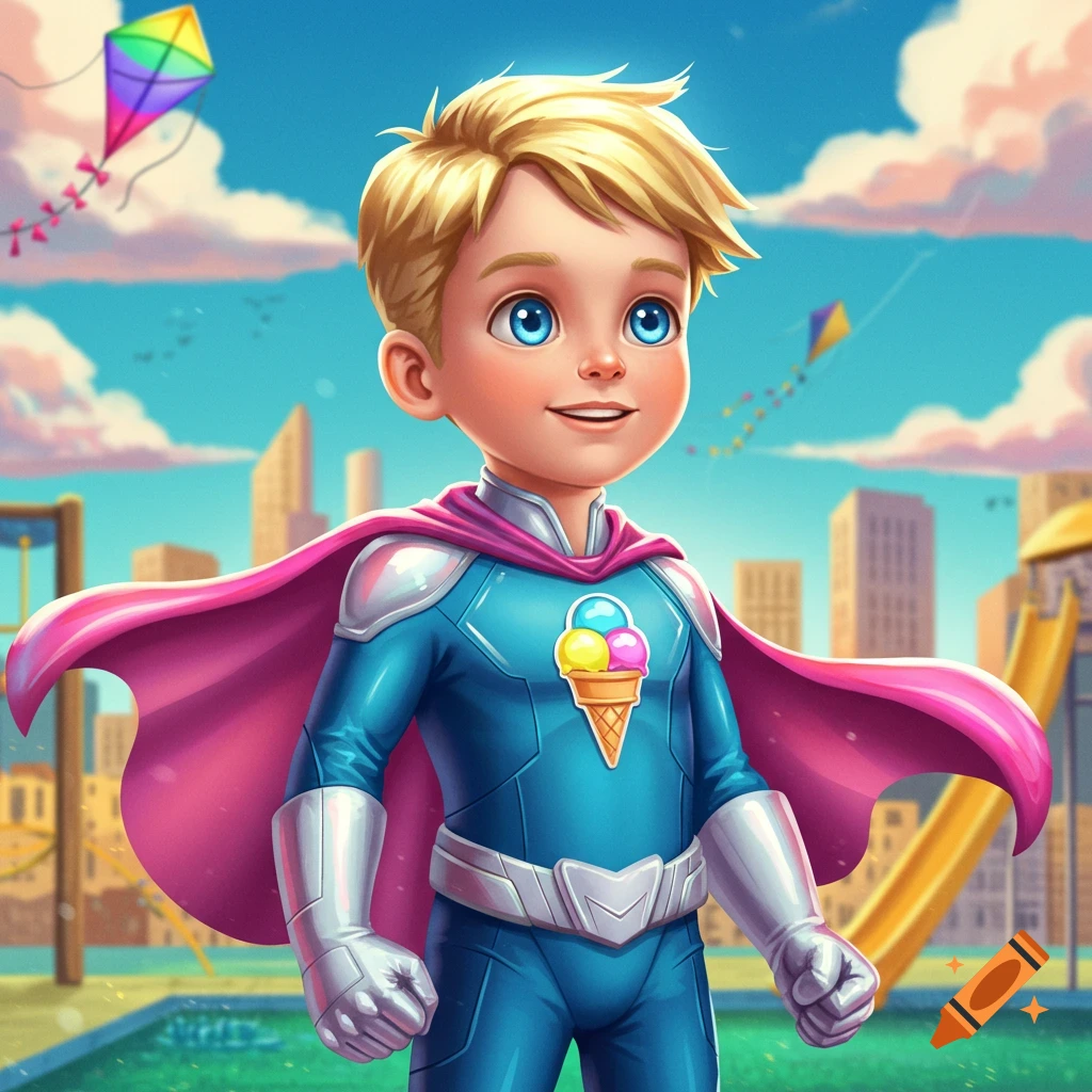 Smiling cartoon boy superhero with blonde hair, blue eyes, pink cape, and ice cream emblem stands in a park with kites and city buildings.