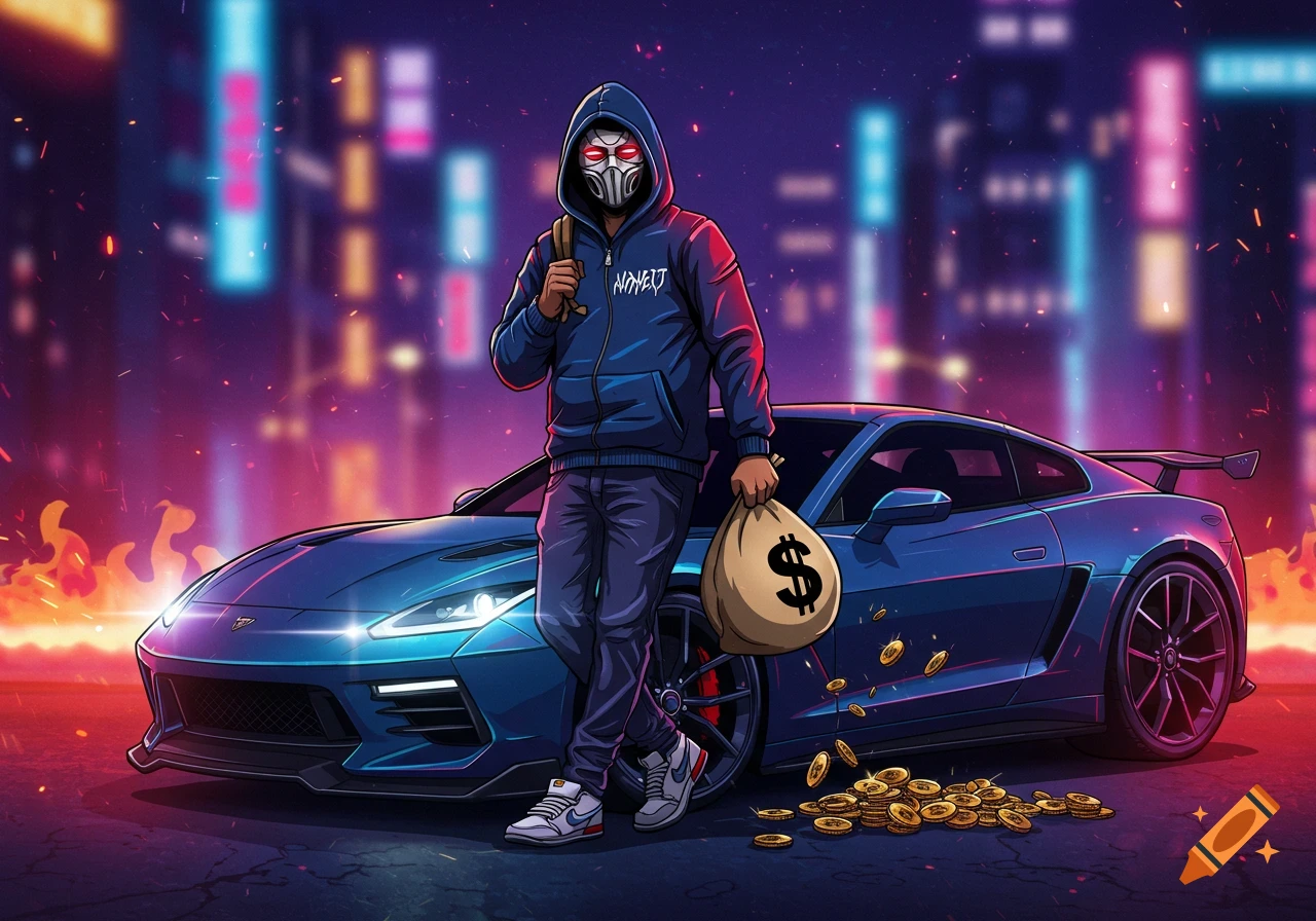 A masked figure in a blue hoodie stands next to a blue sports car, holding a money bag, with coins scattered on a night city street, in a cartoony style.