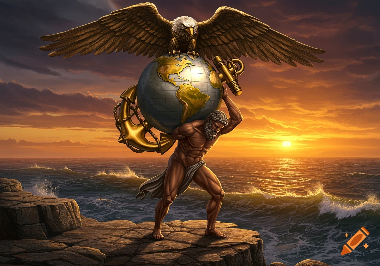 A muscular man, Atlas, holds a globe with an eagle perched on top and an anchor around it, standing on a cliff by the ocean at sunset.