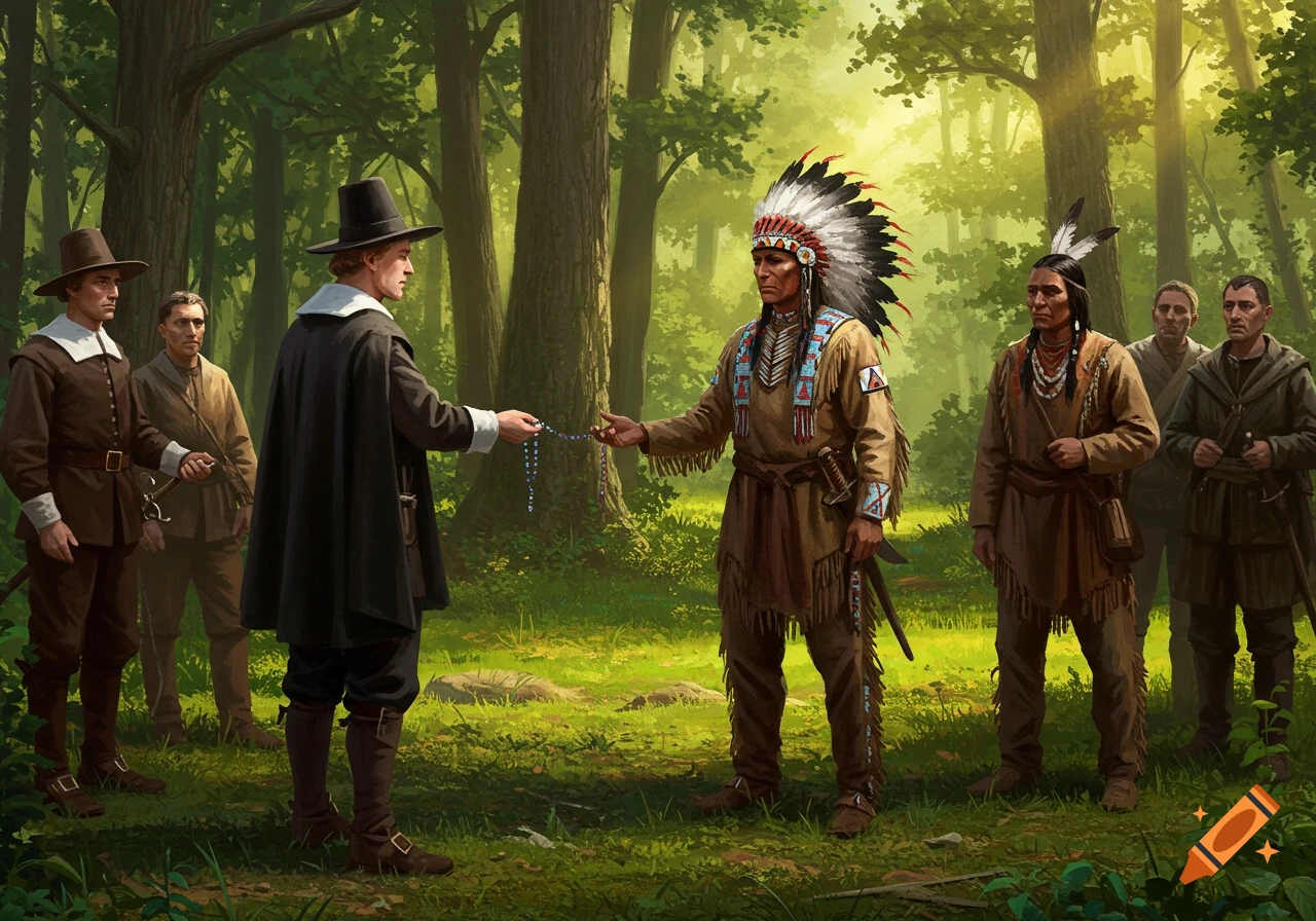 A pilgrim exchanges beads with a Native American chief in a lush forest clearing, surrounded by other men.