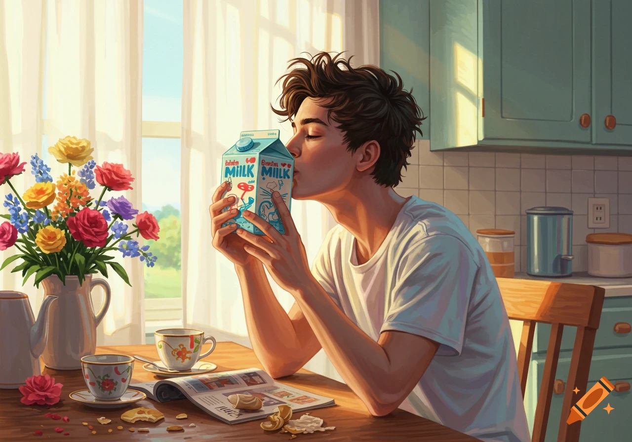 A young man with messy hair kisses a milk carton in a sunlit kitchen, a vase of flowers and breakfast items on the table.