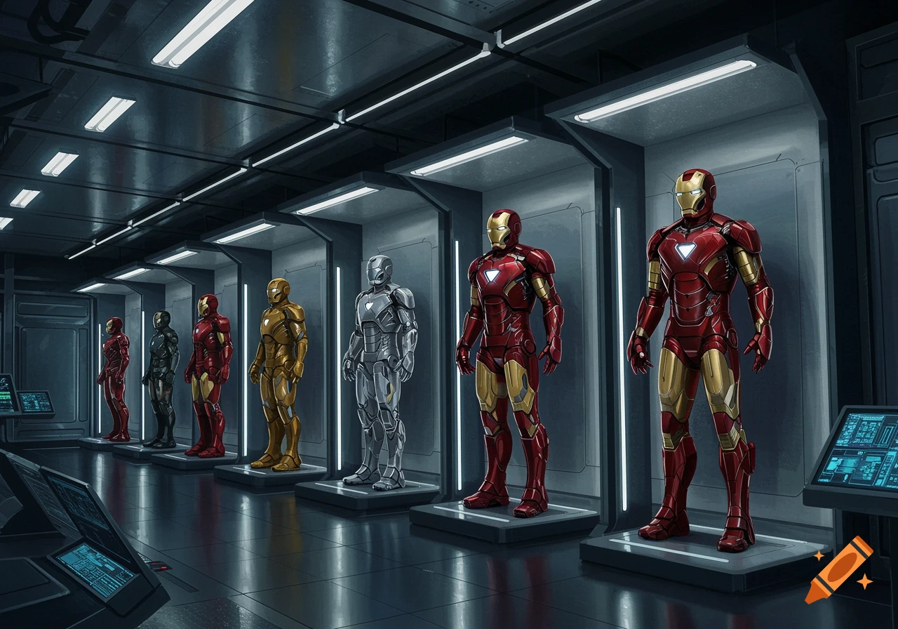 An array of Iron Man suits, including red and gold, gold, and silver armors, displayed in a futuristic hall.