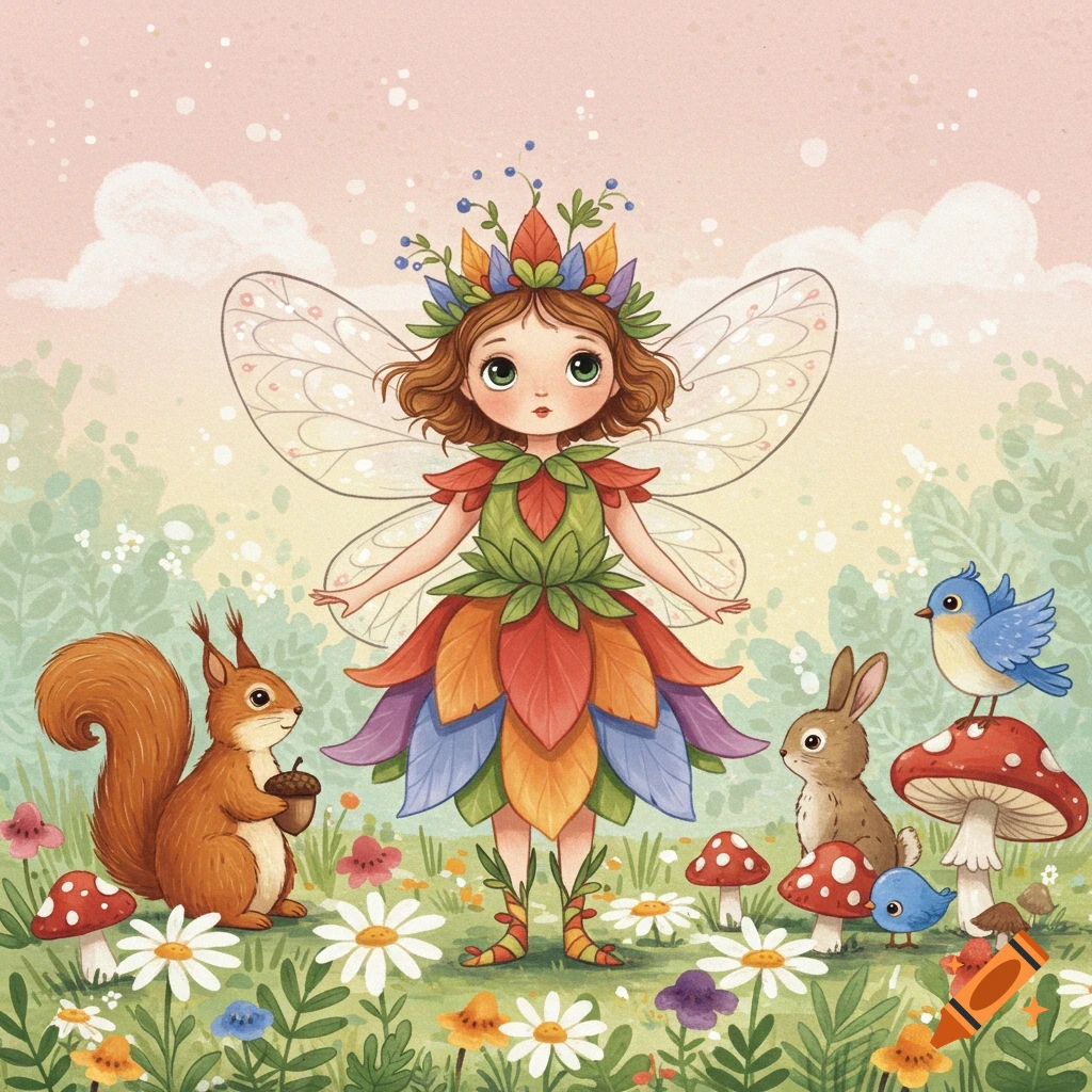 A whimsical fairy with translucent wings, a colorful petal dress, and a crown of leaves, standing in a field with a squirrel, rabbit, and bluebirds.