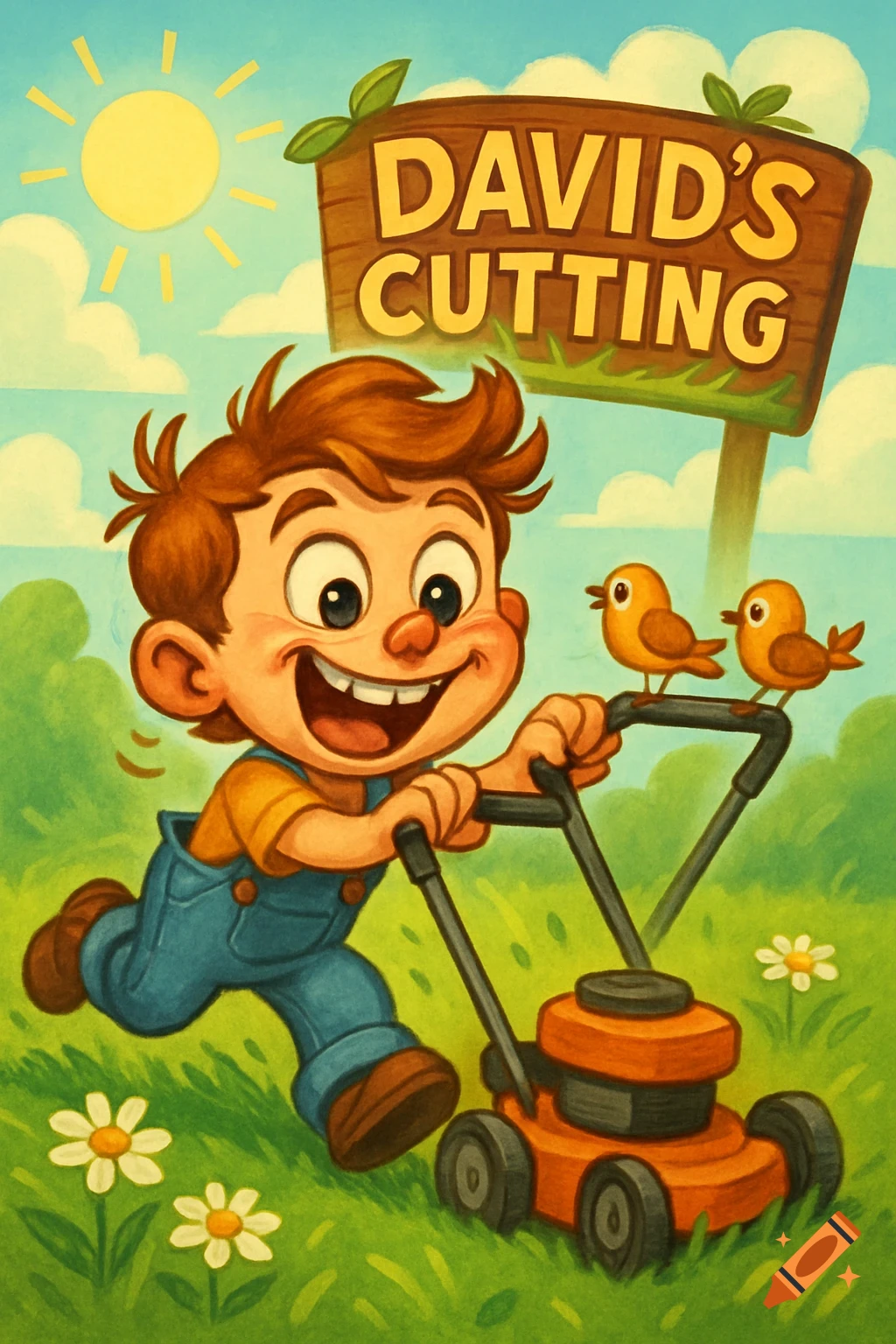 A cheerful cartoon boy in overalls pushes a lawnmower on a sunny day with a sign reading 'DAVID'S CUTTING'.