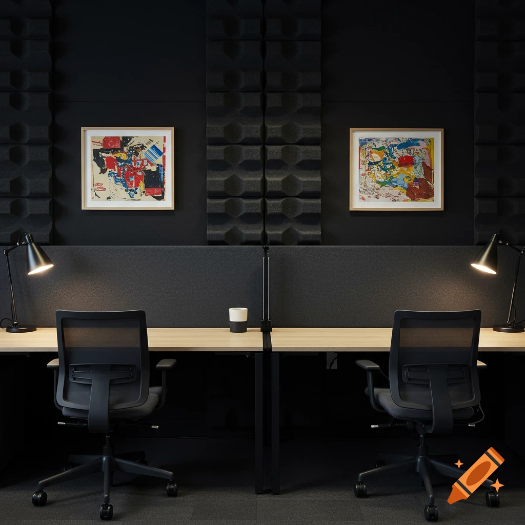 A photorealistic image of two adjacent office desks with chairs, desk lamps, and abstract framed artworks on a black wall with acoustic panels.