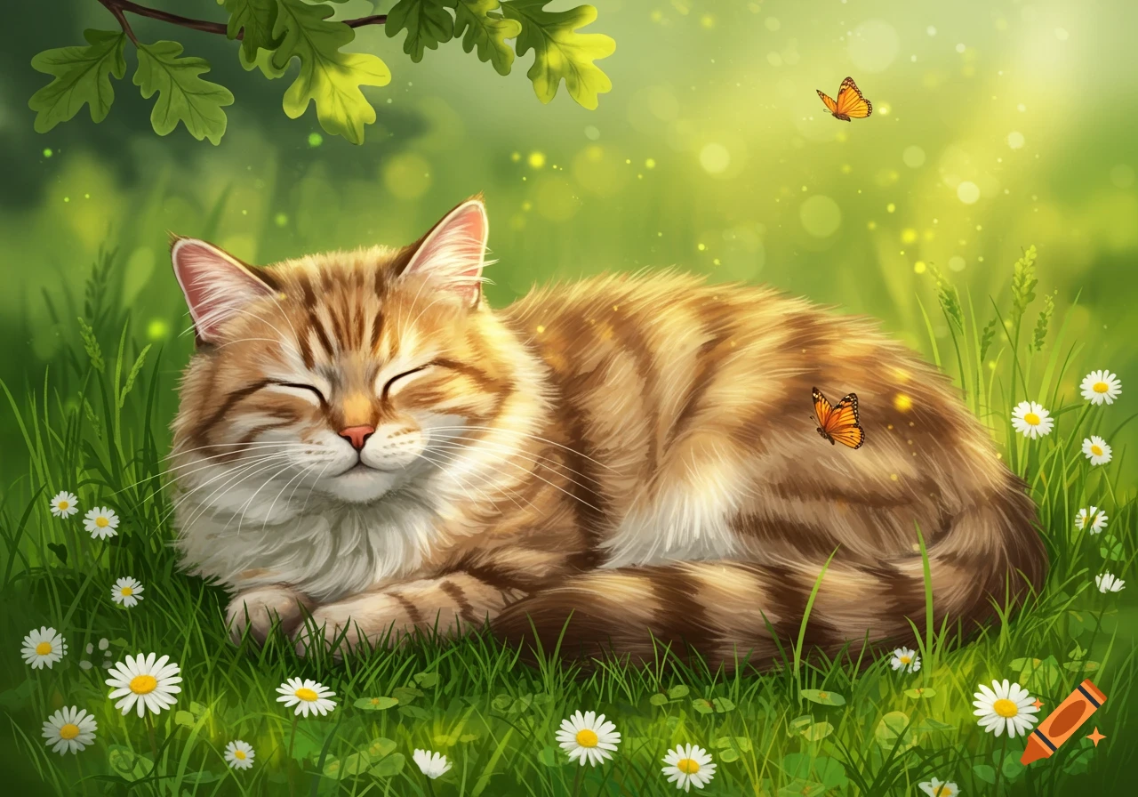 A fluffy tabby cat with closed eyes sleeps peacefully in a field of green grass and white daisies, with butterflies and sunlight.
