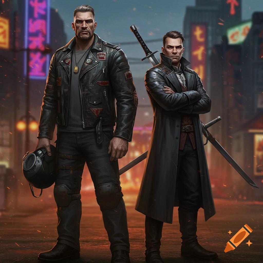 Two serious men, one a biker and one a swordsman, stand in a neon-lit city street at dusk.