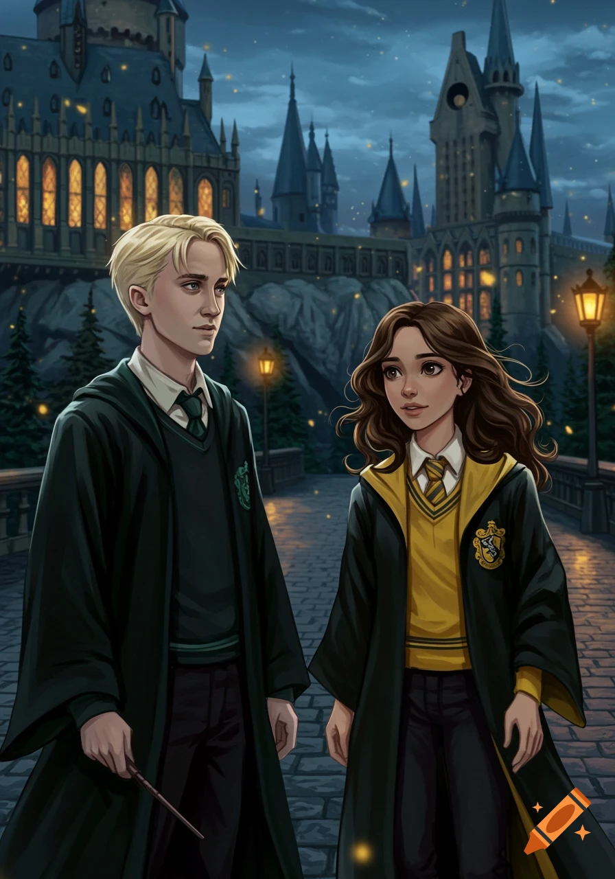 An anime-style illustration of Draco Malfoy and a female Hufflepuff student on a bridge in front of a Hogwarts-like castle at dusk.