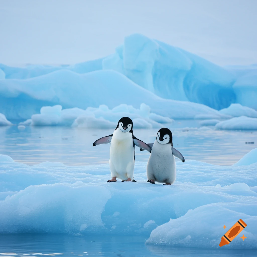 Two penguins stand on an ice floe in a vast, blue, icy landscape.