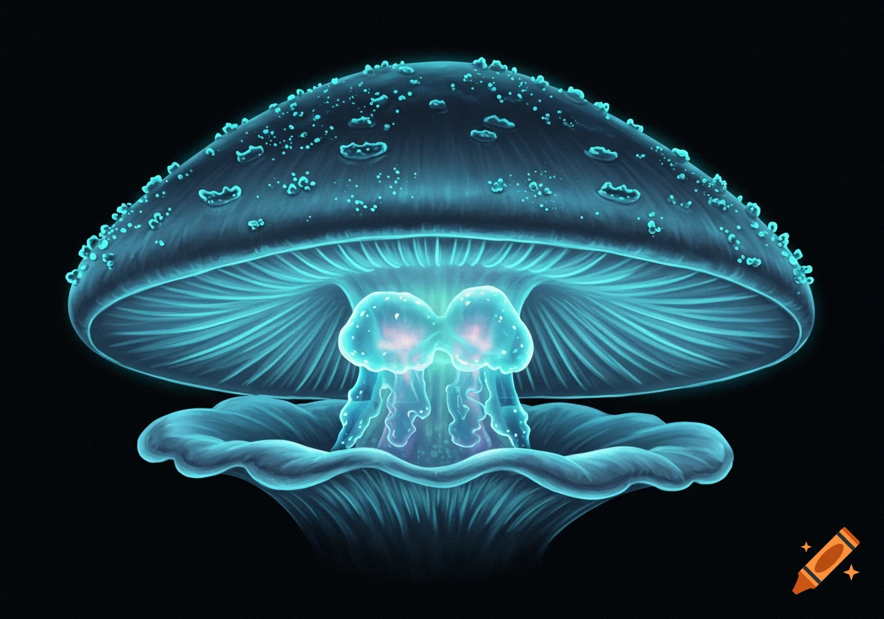 A glowing bioluminescent mushroom with an aqua blue cap and translucent jelly at its center, set against a black background.