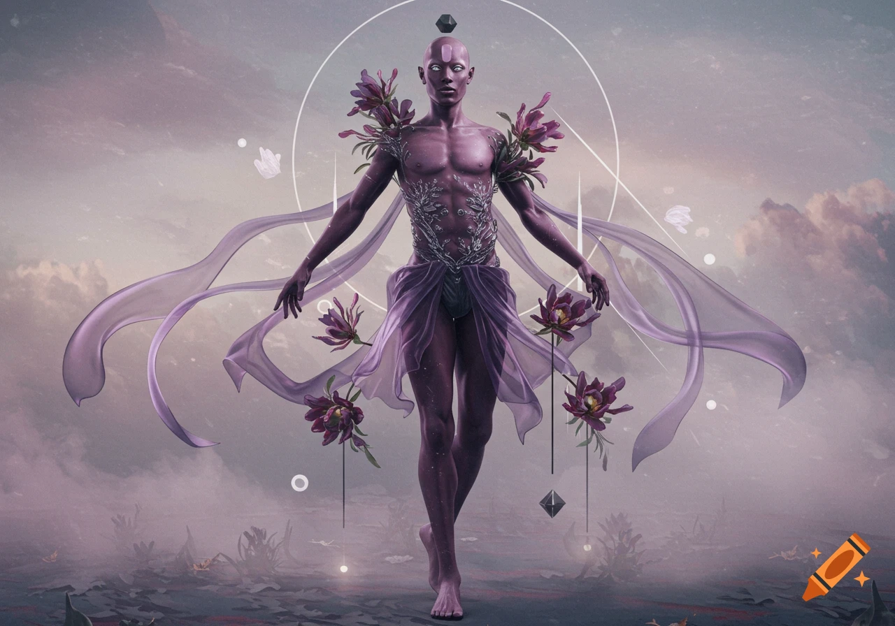 Androgynous figure with purple skin and large flowers on shoulders, floating in a mystical sky with ribbons and abstract shapes.