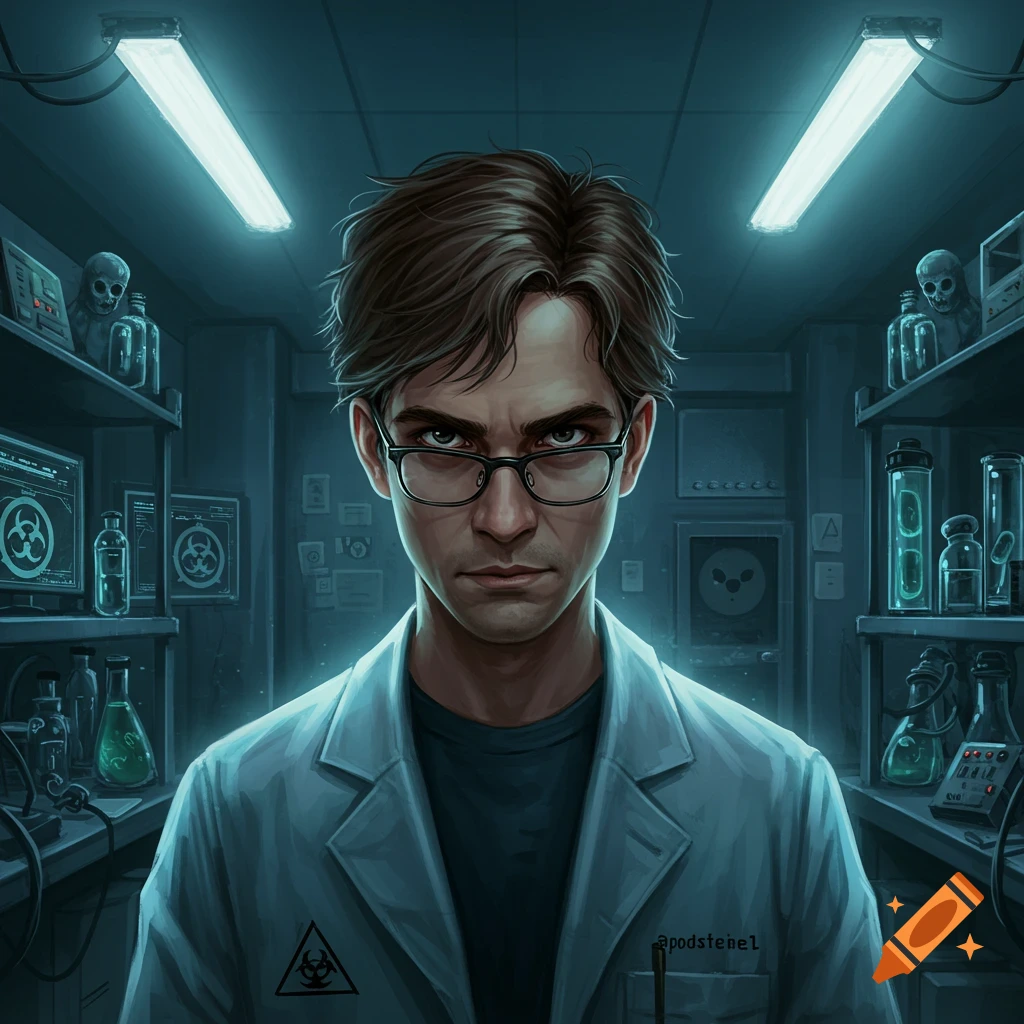 A serious man with glasses and a lab coat stands in a dimly lit, blue-hued digital art laboratory filled with glowing equipment and biohazard symbols.