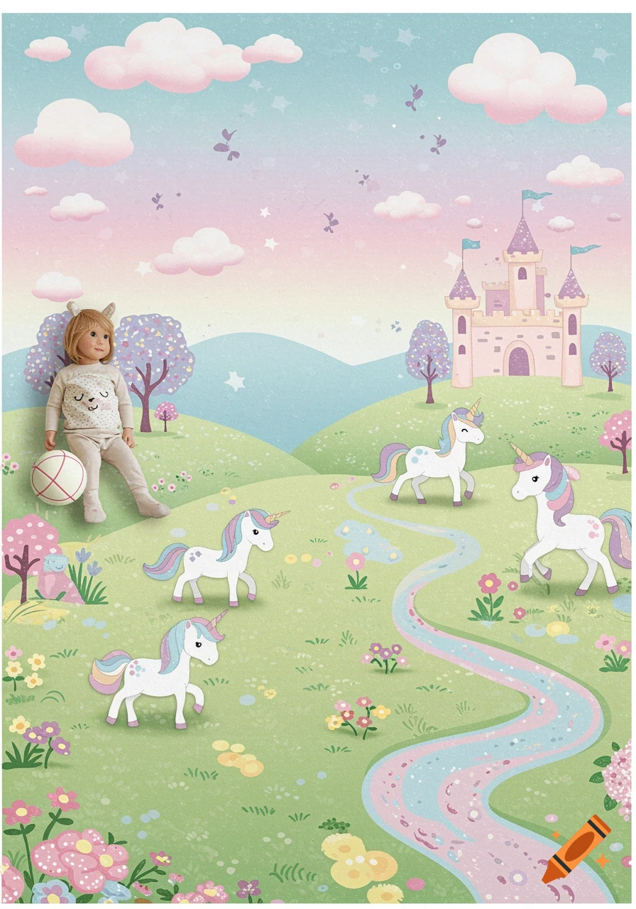 Cartoon illustration of a child in a whimsical unicorn land with a pink castle, rolling hills, and a pastel river.