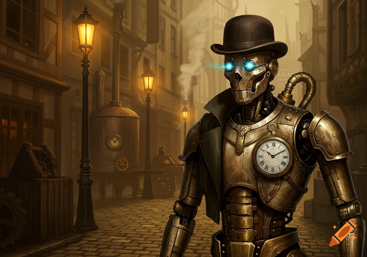 A steampunk robot wearing a bowler hat stands on a cobblestone street in a misty, lamp-lit city.